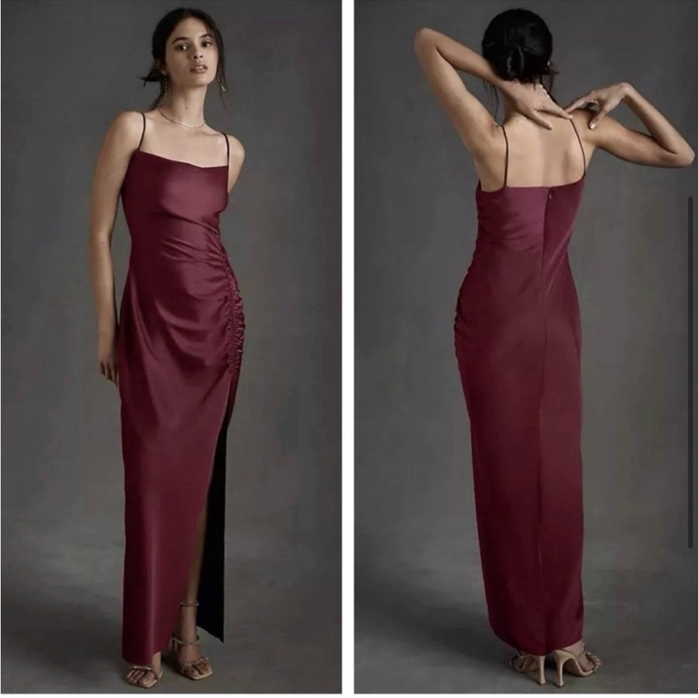 BHLDN Jennings Ruched Side Slit Satin Charmeuse Dress NEW Size 6 Dark Berry